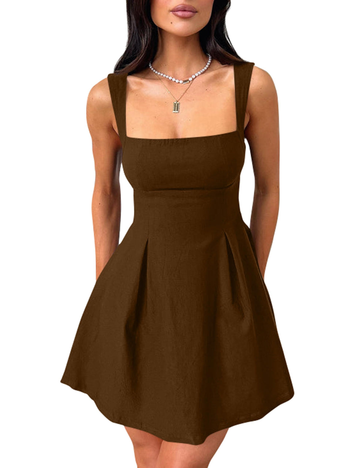 YMDUCH Women's Sleeveless Square Neck Bow Tie A-line Mini Dress