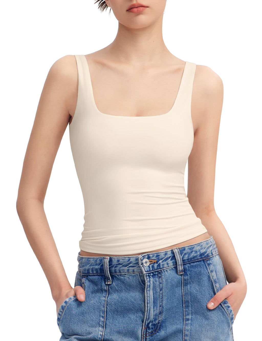 PUMIEY Women's Square Neck Tank Top Sleeveless Double Lined Basic Tops Sharp Collection