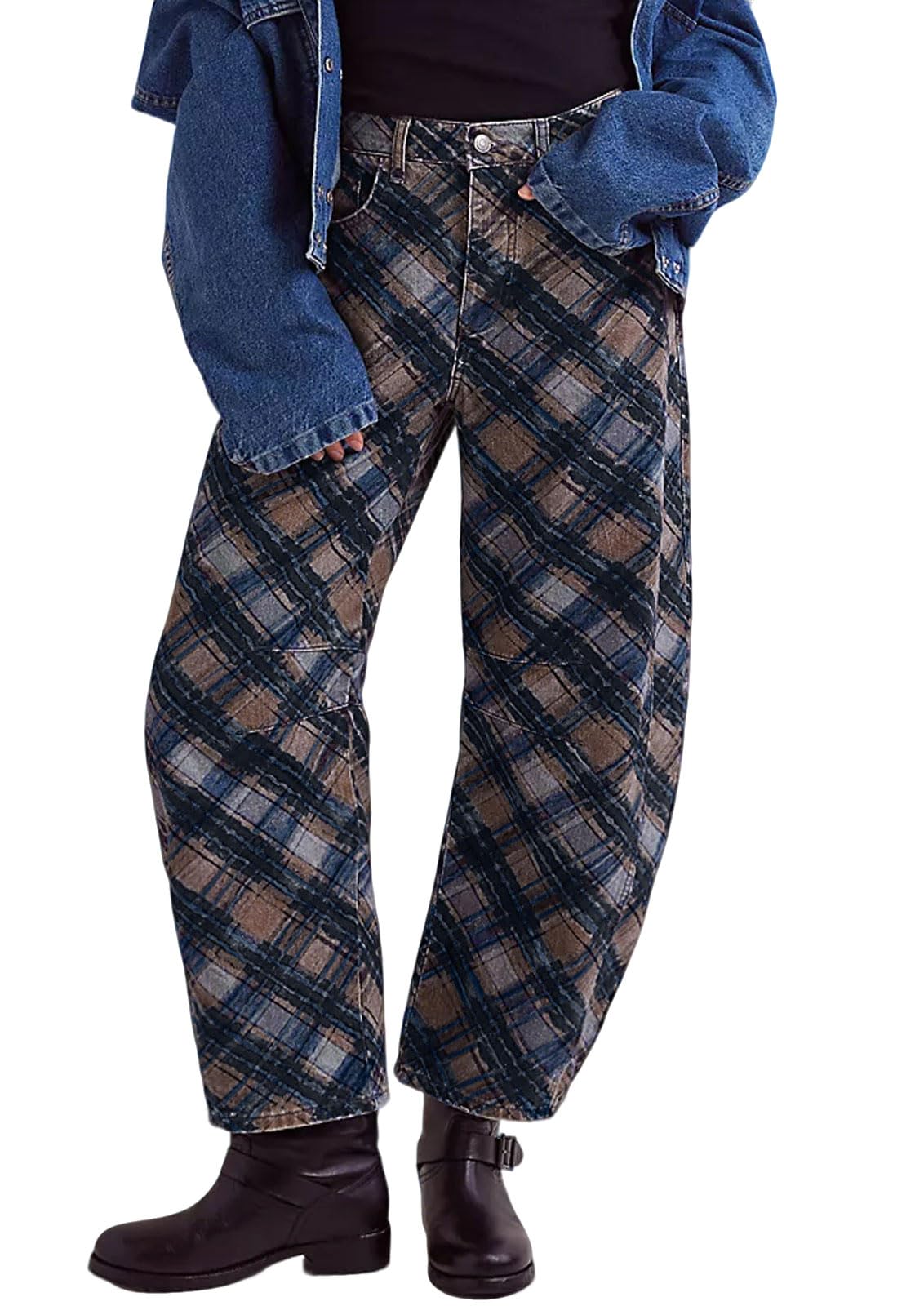 loveimgs Women Boyfriend Baggy Barrel Jeans Floral Print Denim Ankle Pants Wide Leg Mid Rise Jeans Sweatpants Y2k Patchwork