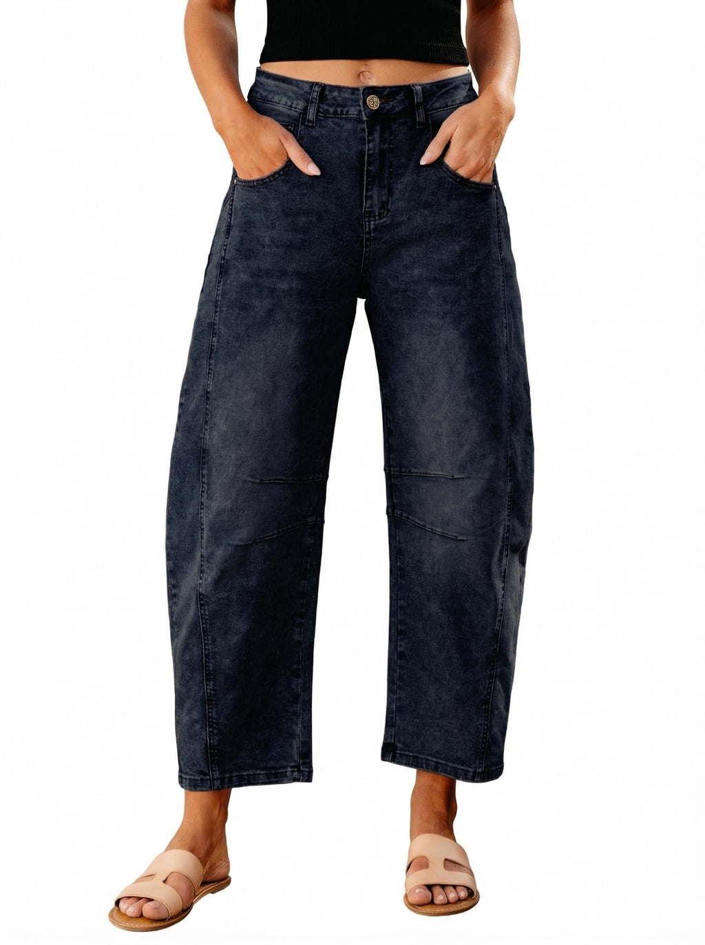 GRAPENT Barrel Jeans for Women High Waist Baggy Cropped Stretch Denim Pants