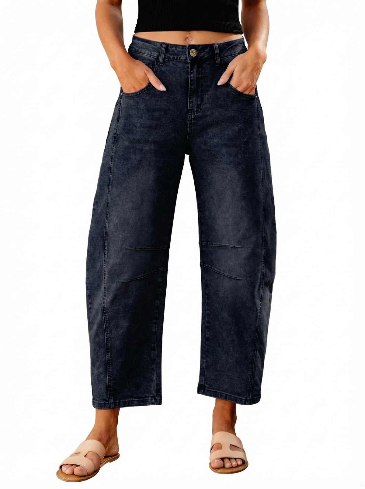 GRAPENT Barrel Jeans for Women High Waist Baggy Cropped Stretch Denim Pants