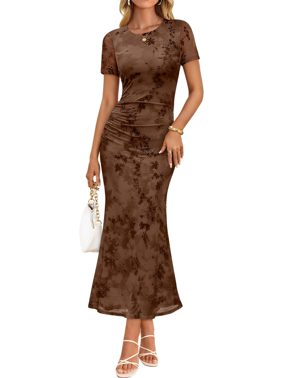 ZESICA Women Summer 2026 Floral Short Sleeve Bodycon Mesh Maxi Formal Dress