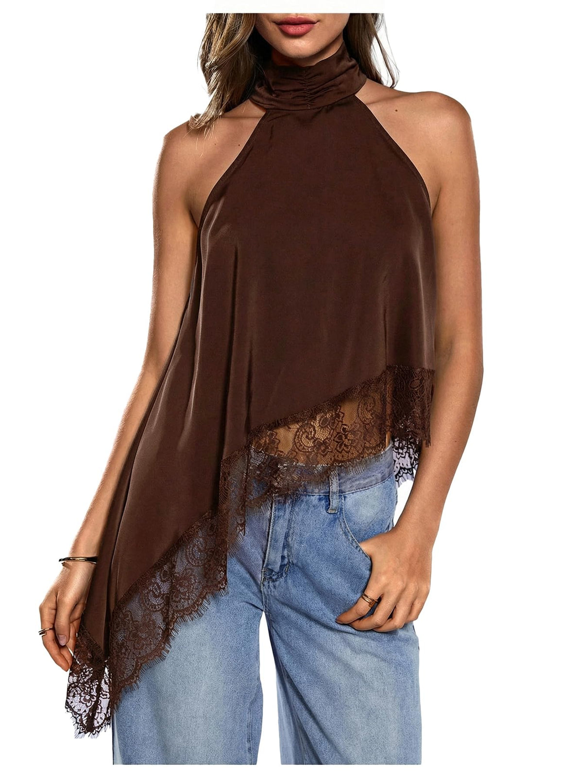 Milumia Women's Halter Neck Top Lace Asymmetrical Hem Going Out Tank Tops