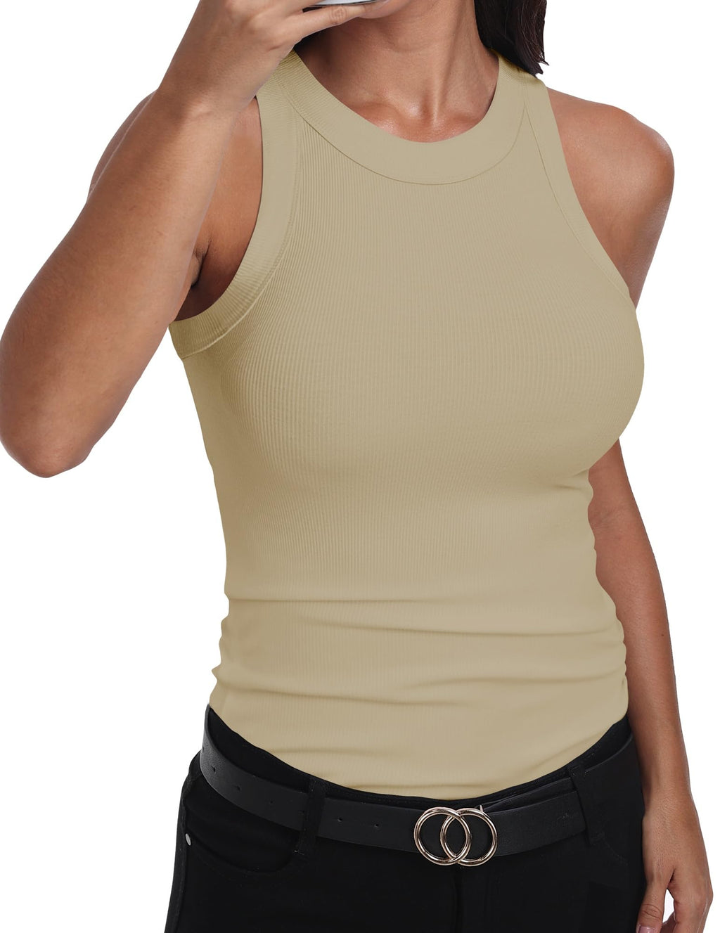 GEMBERA Womens Sleeveless Racerback High Neck Casual Basic Cotton Ribbed Fitted Tank Top