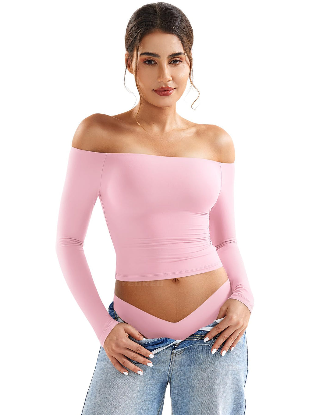 YEOREO Ease Women Off Shoulder Long Sleeve Shirts Double Lined Basic Top