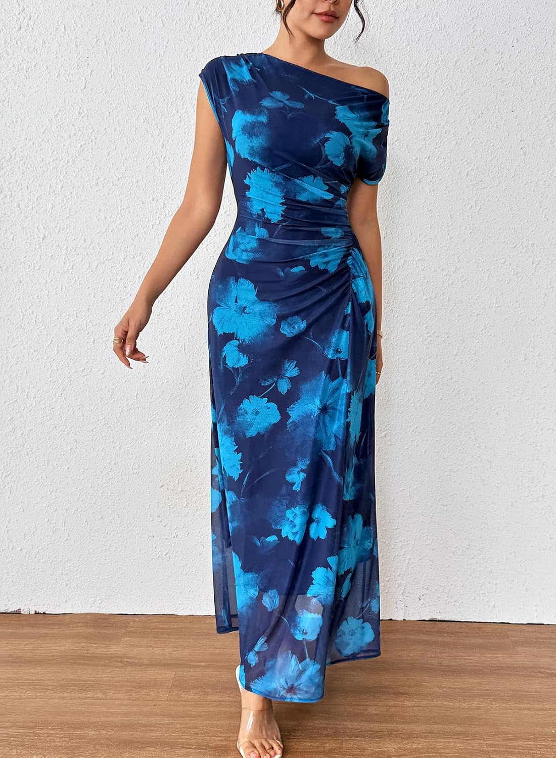 BLENCOT Women's Floral Off Shoulder Wedding Guest Dress Party Gown