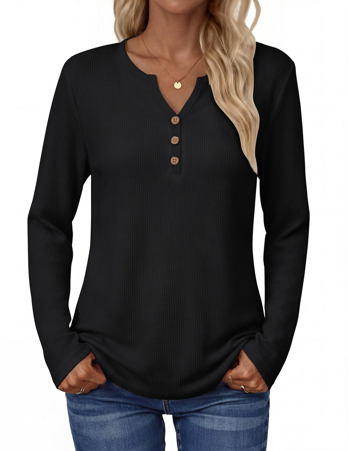 Zeagoo Women's Long Sleeve Waffle Knit Tops 2026 Fall Henley V Neck Shirts