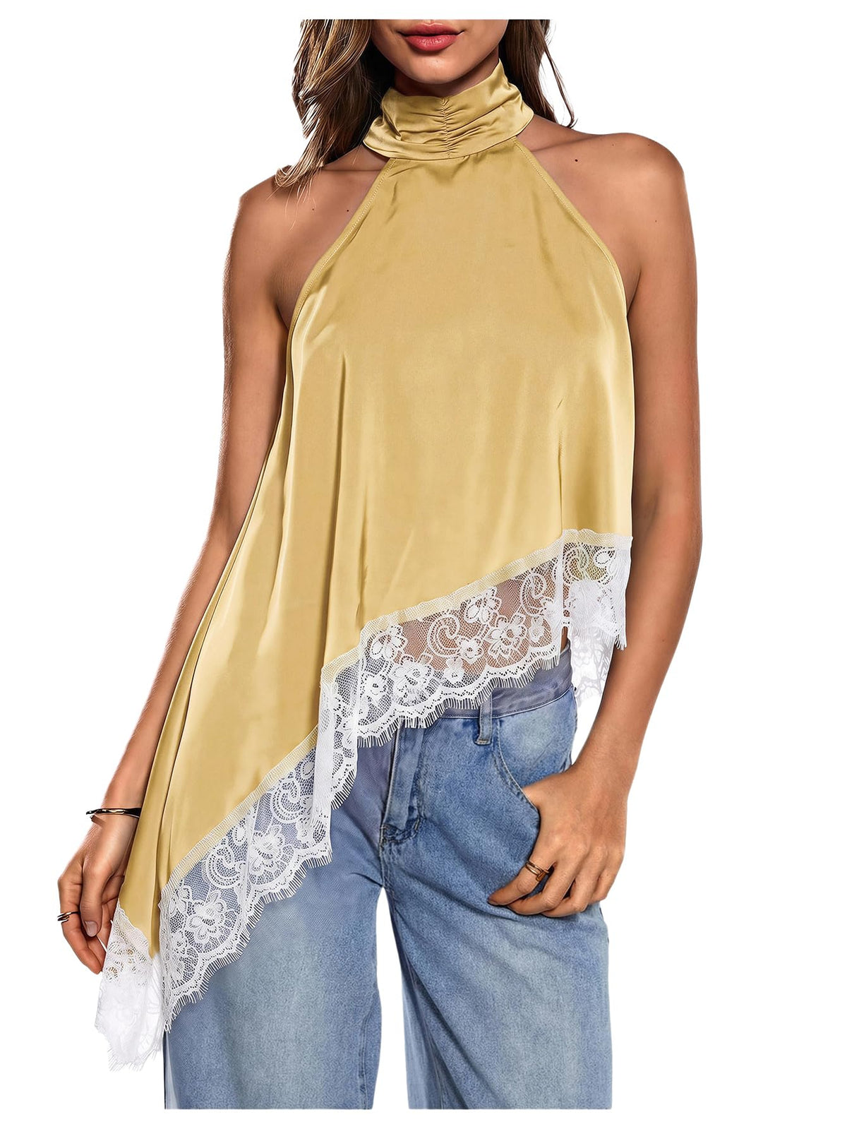 Milumia Women's Halter Neck Top Lace Asymmetrical Hem Going Out Tank Tops