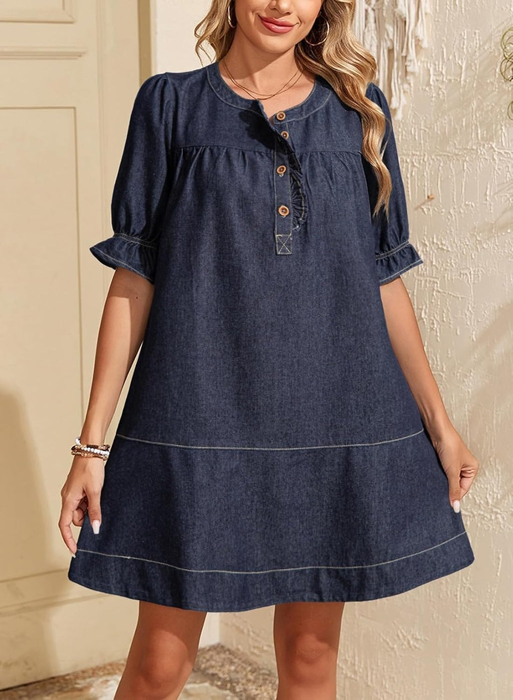 Dokotoo Women's Denim Dress Ruffle Short Sleeve Button Cowgirl Jean Dress