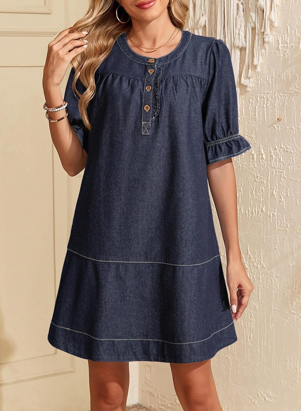 Dokotoo Women's Denim Dress Ruffle Short Sleeve Button Cowgirl Jean Dress