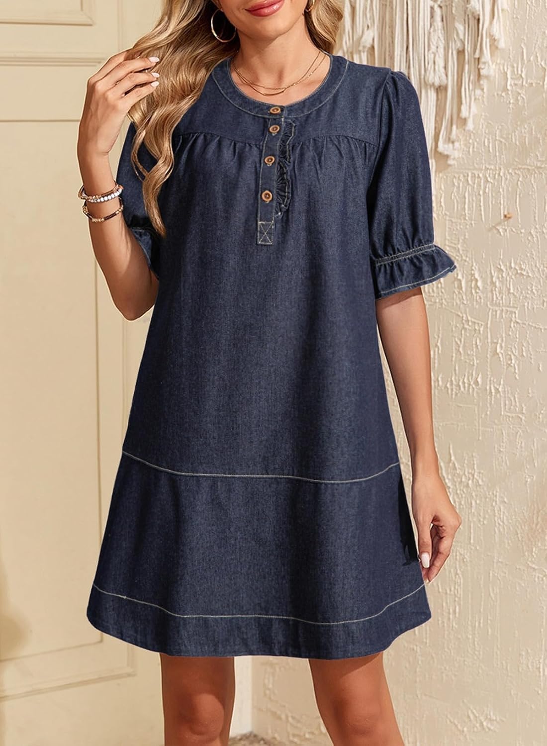 Dokotoo Women's Denim Dress Ruffle Short Sleeve Button Cowgirl Jean Dress