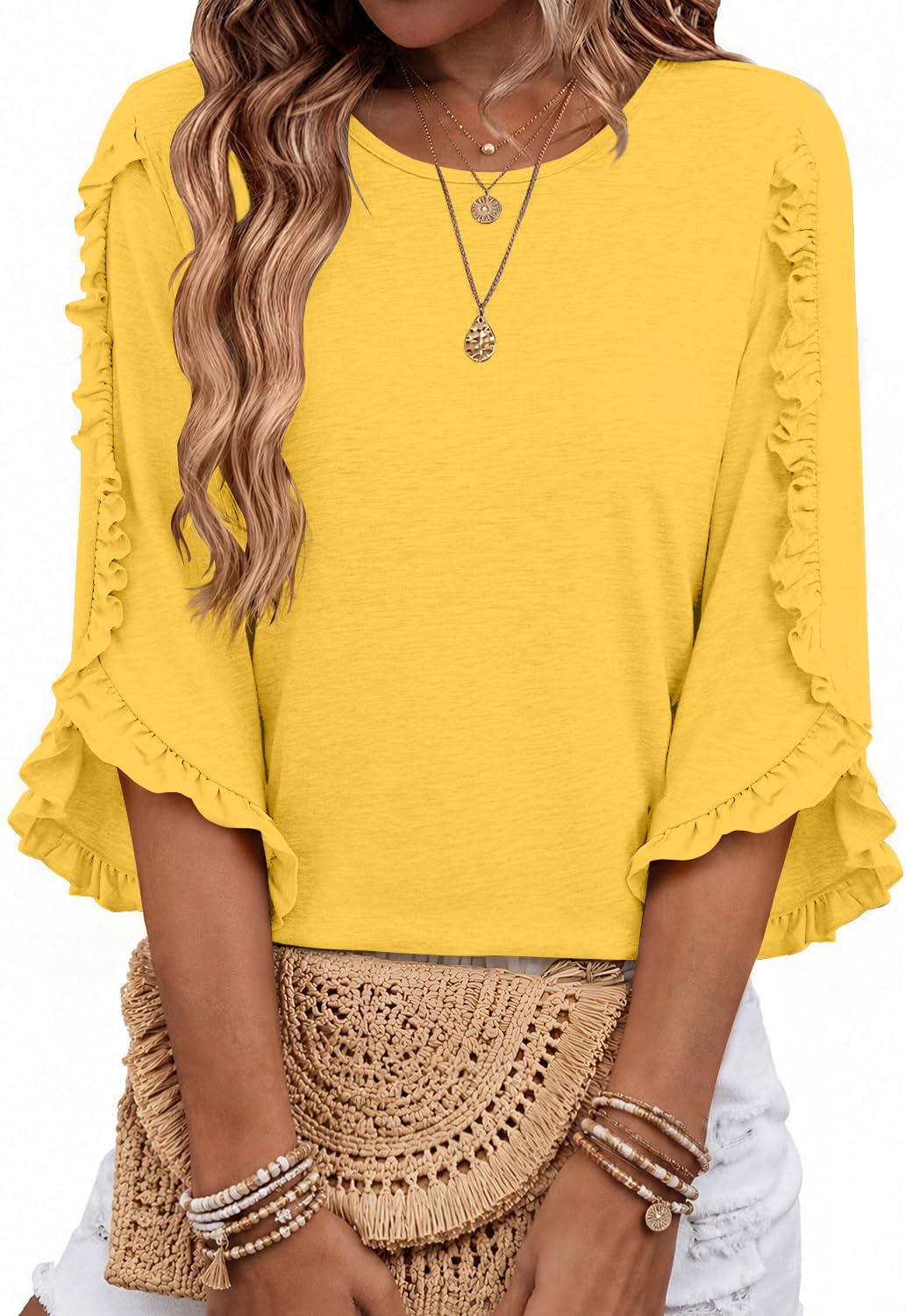 3/4 Length Sleeve Womens Tops Crewneck Ruffle Sleeve Shirts Dressy Casual Blouse Summer Fall Fashion Business Outfit