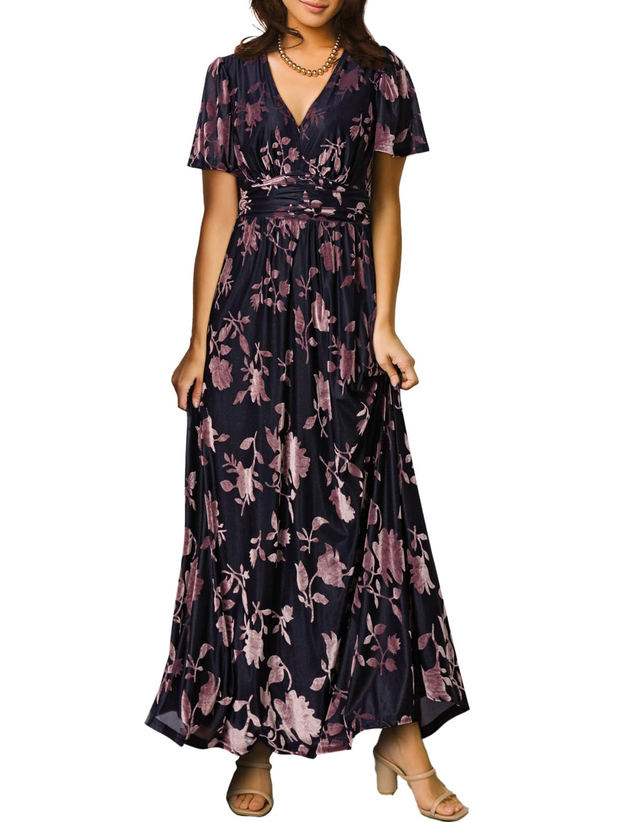 Simplee Women’s V Neck Velvet Maxi Dress Short Sleeve Empire Waist Long Formal Dress for Wedding Guest