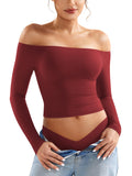 YEOREO Ease Women Off Shoulder Long Sleeve Shirts Double Lined Basic Top