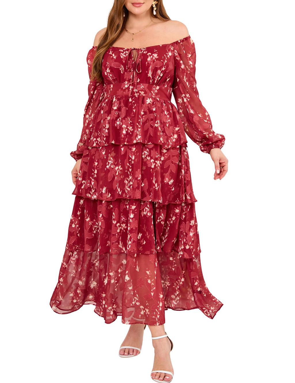 EYWOL Plus Size Long Sleeve Floral Tiered Semi Formal Wedding Guest Dress