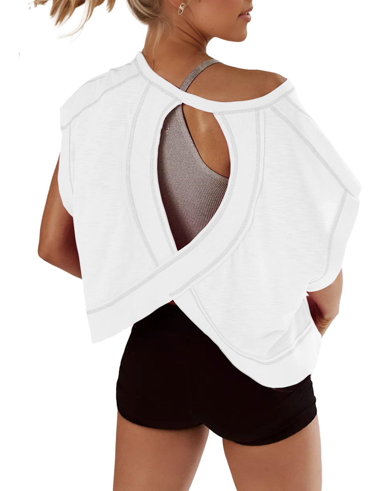 Open Back Tops for Women Oversized Short Sleeve Workout T Shirts Backless Y2k Athletic Crop Running Tees