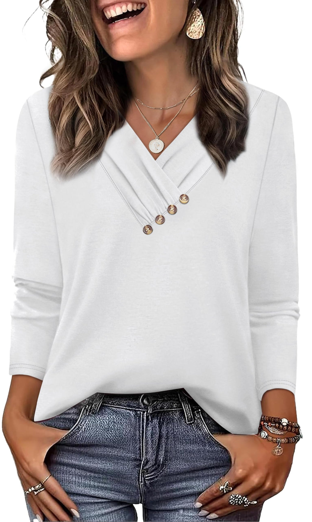 WIHOLL Long Sleeve Shirts for Women Fall Outfits V Neck T Shirts Button Down Tunic Tops Fashion Clothing