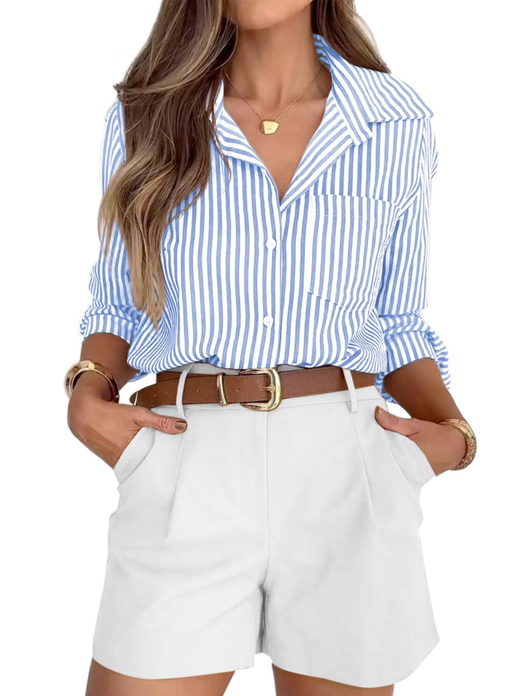 siliteelon Button Down Striped Shirts for Women Work Collared Dress Blouses