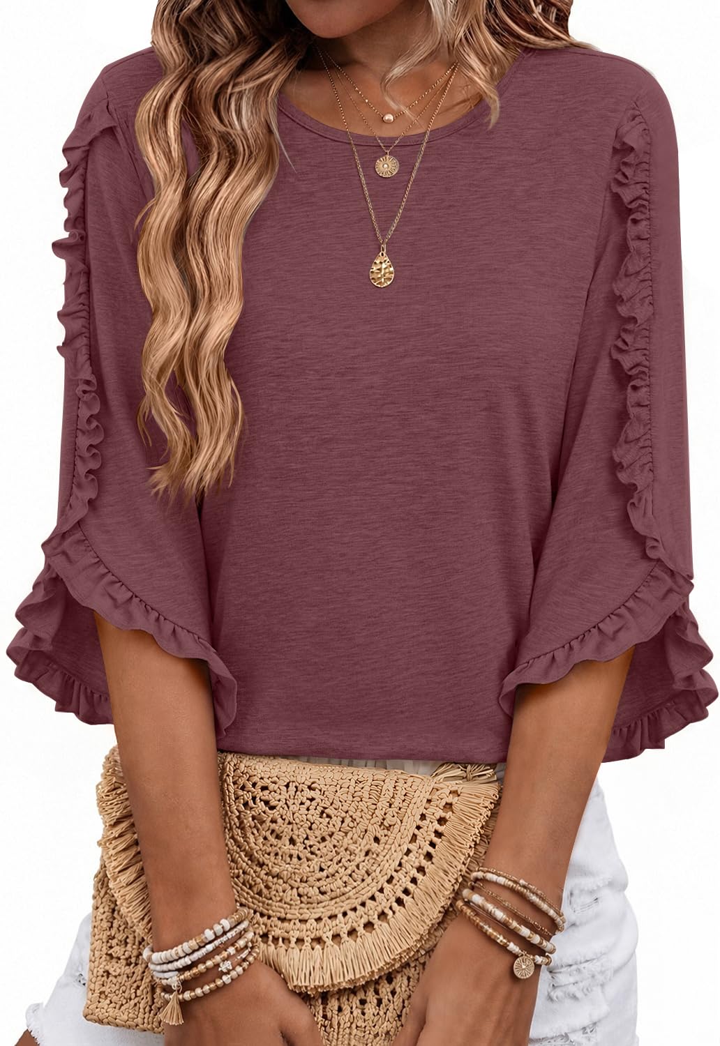 3/4 Length Sleeve Womens Tops Crewneck Ruffle Sleeve Shirts Dressy Casual Blouse Summer Fall Fashion Business Outfit