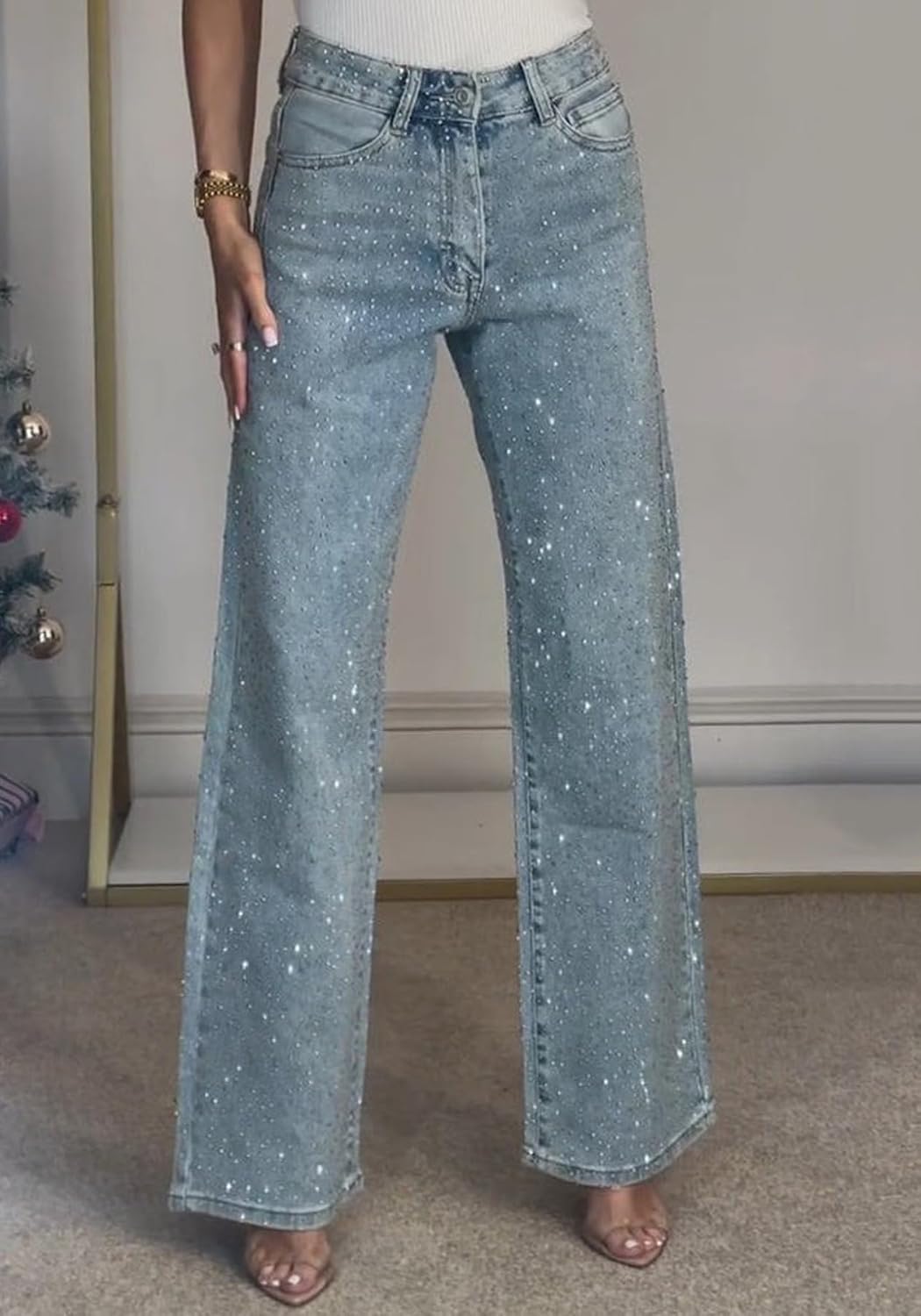 Famnbro Womens Rhinestone Jeans Baggy Y2K Wide Leg Sparkly Denim Pants