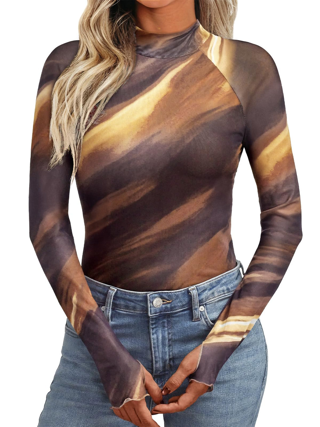 Dealmore Womens Lace Sheer Floral Mesh Mock Neck Tops