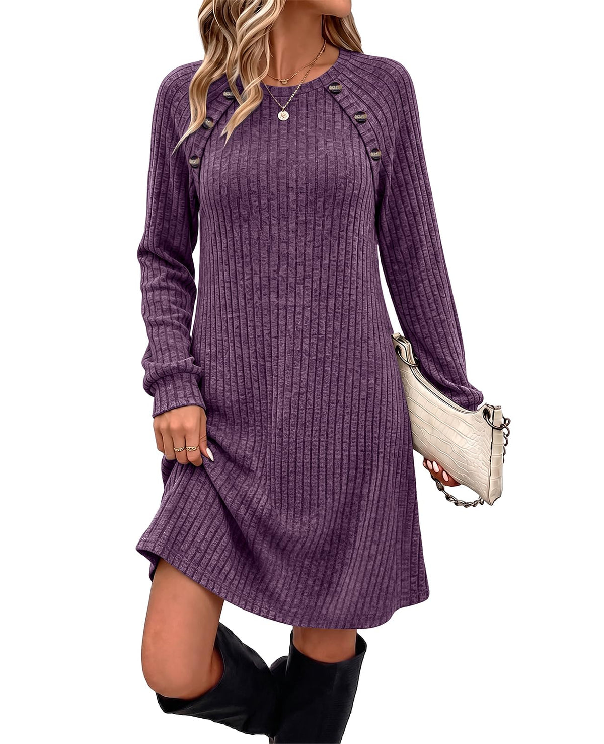 OFEEFAN Fall Dresses for Women 2026 Long Sleeve Dress with Pockets