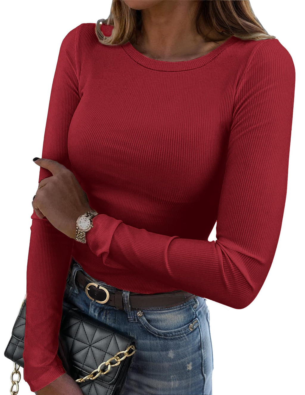 Zeagoo Women Long Sleeve Shirts Ribbed Slim Fit Tops Crewneck Basic Tee