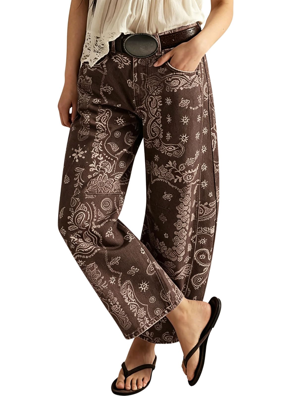 loveimgs Women Boyfriend Baggy Barrel Jeans Floral Print Denim Ankle Pants Wide Leg Mid Rise Jeans Sweatpants Y2k Patchwork