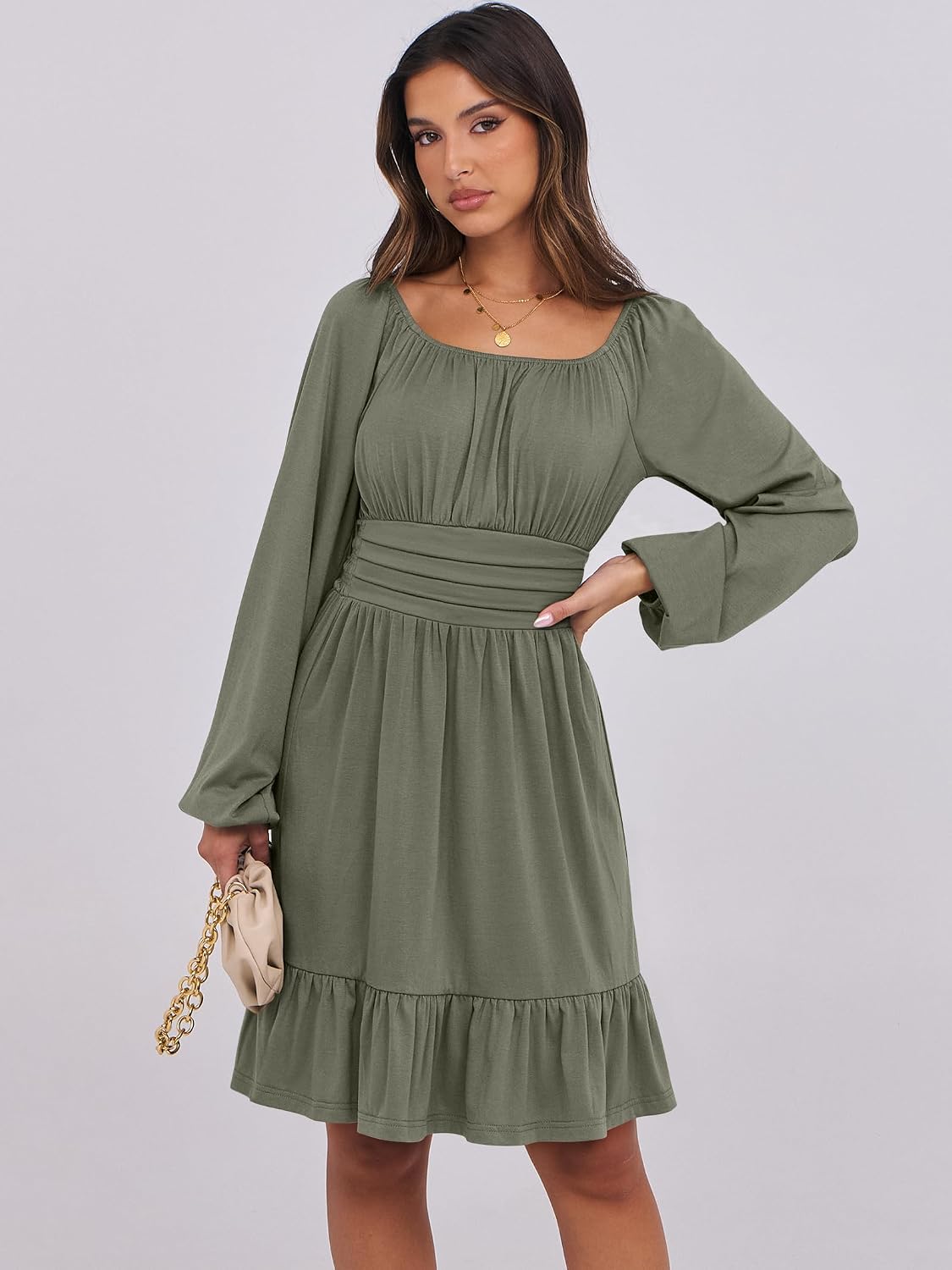 ANRABESS Women Long Lantern Sleeve Square Neck Fall Short Dress