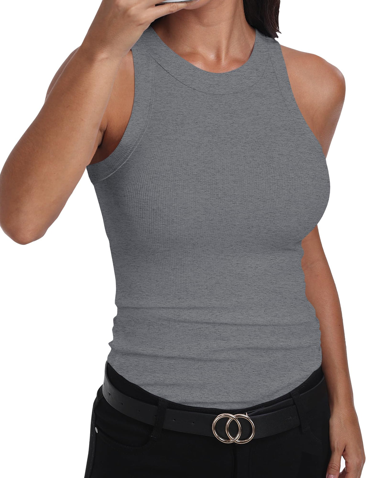 GEMBERA Womens Sleeveless Racerback High Neck Casual Basic Cotton Ribbed Fitted Tank Top