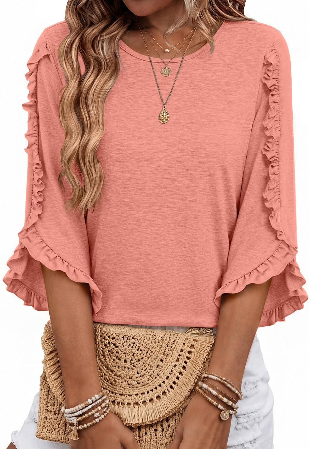 3/4 Length Sleeve Womens Tops Crewneck Ruffle Sleeve Shirts Dressy Casual Blouse Summer Fall Fashion Business Outfit