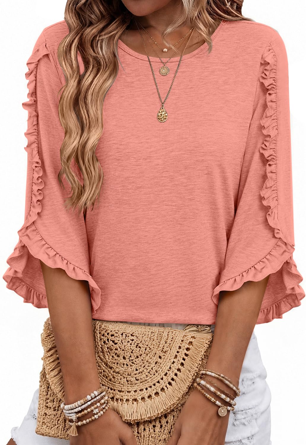 3/4 Length Sleeve Womens Tops Crewneck Ruffle Sleeve Shirts Dressy Casual Blouse Summer Fall Fashion Business Outfit
