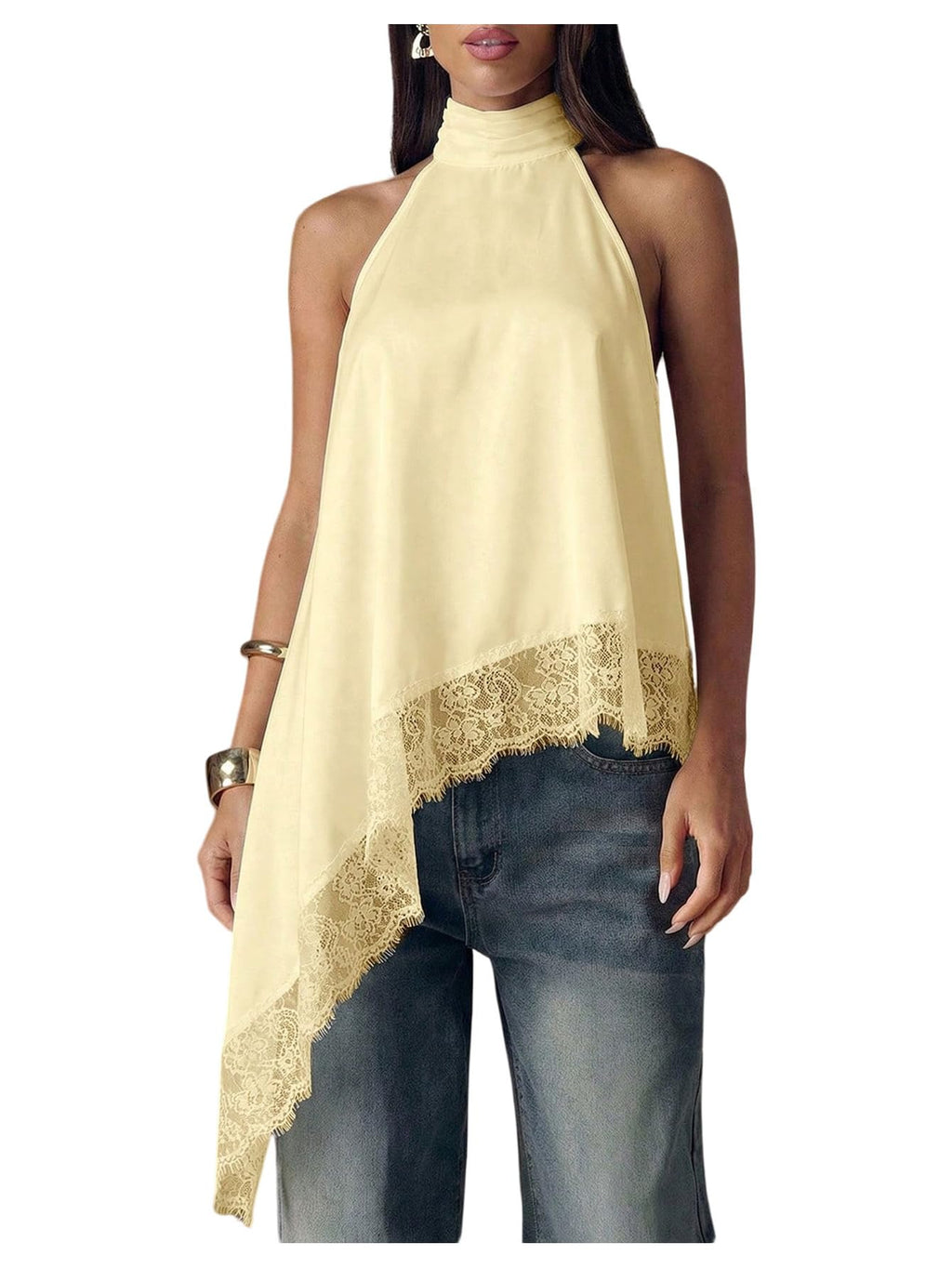 Milumia Women's Halter Neck Top Lace Asymmetrical Hem Going Out Tank Tops
