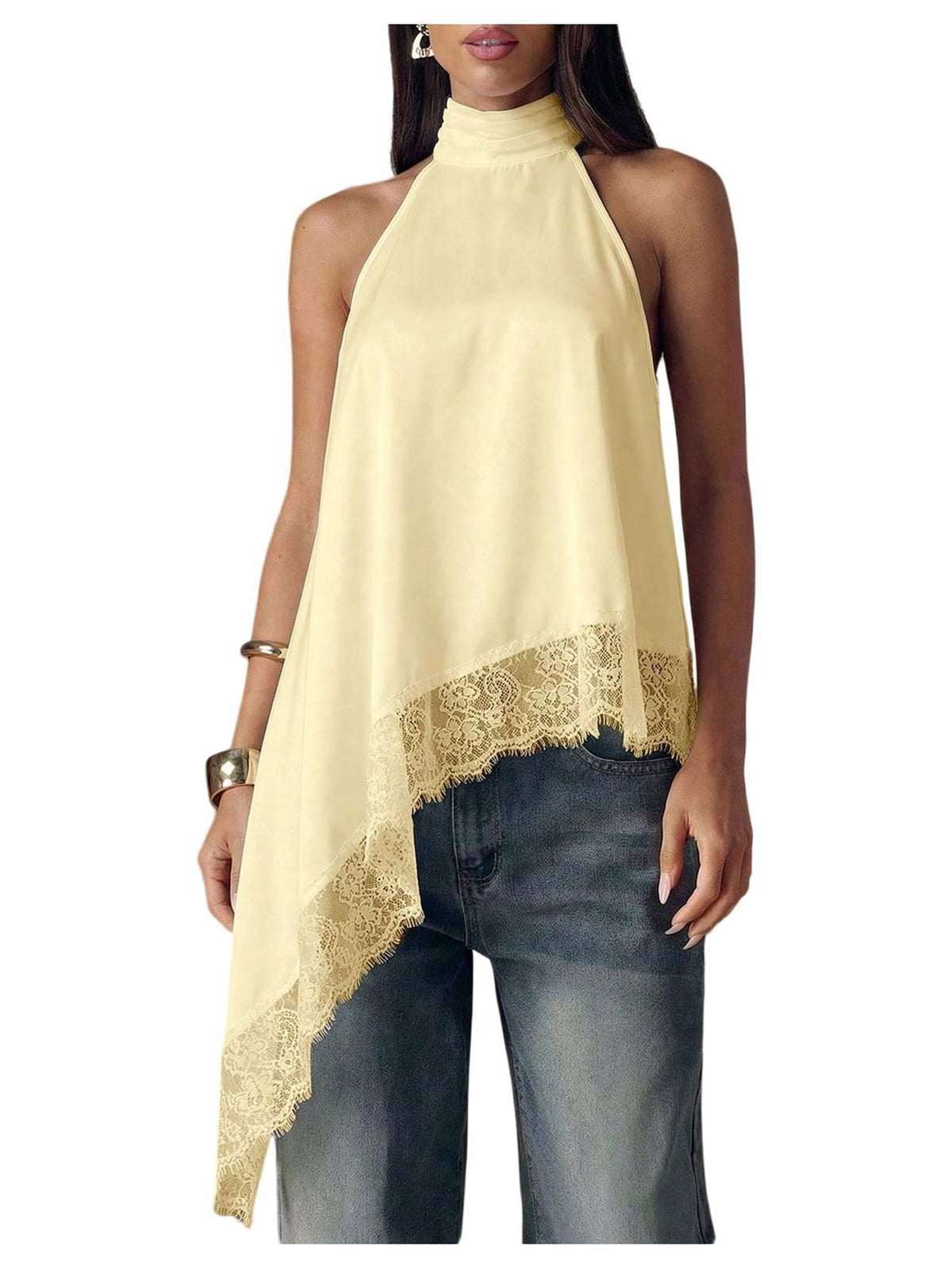 Milumia Women's Halter Neck Top Lace Asymmetrical Hem Going Out Tank Tops