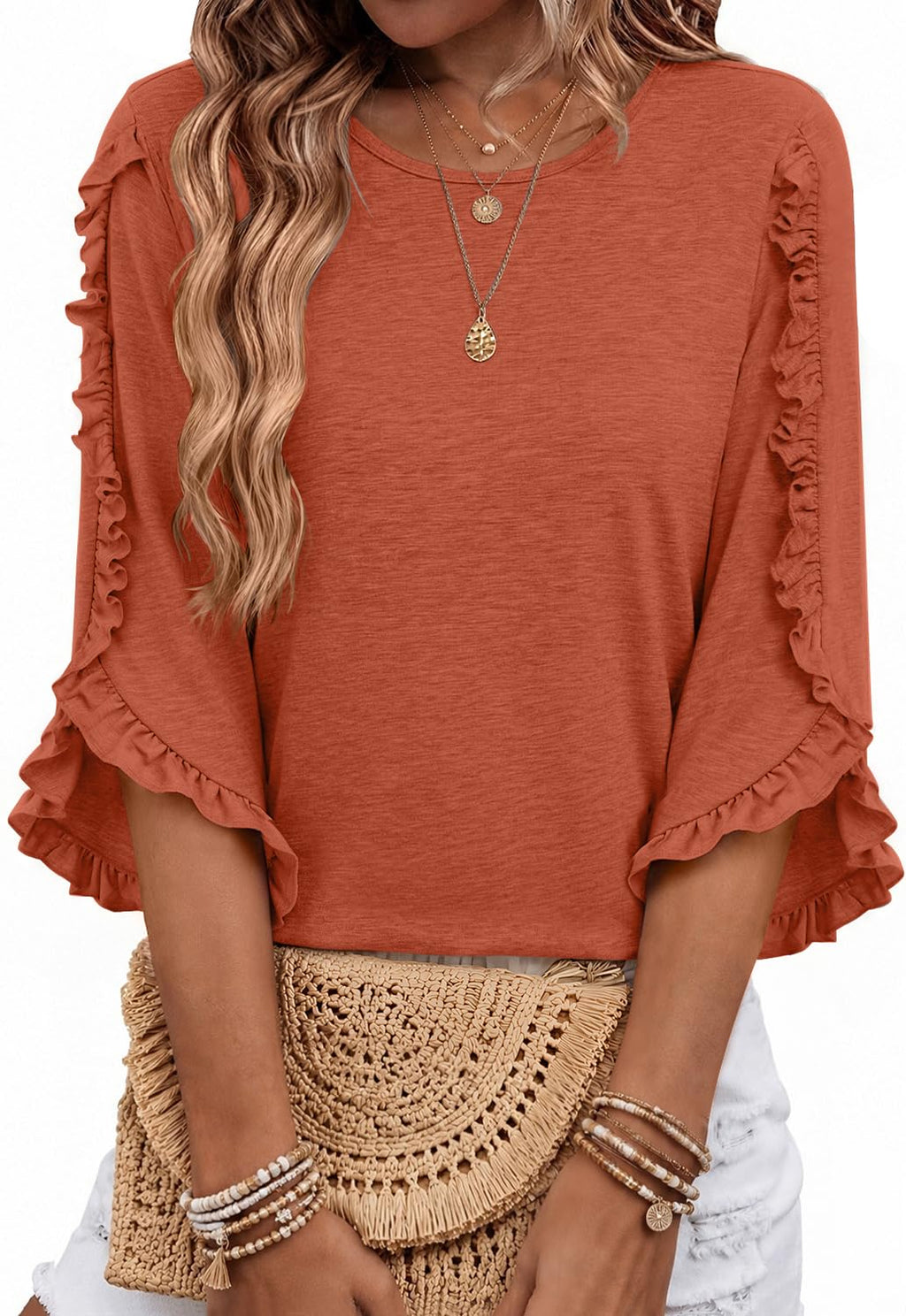 3/4 Length Sleeve Womens Tops Crewneck Ruffle Sleeve Shirts Dressy Casual Blouse Summer Fall Fashion Business Outfit