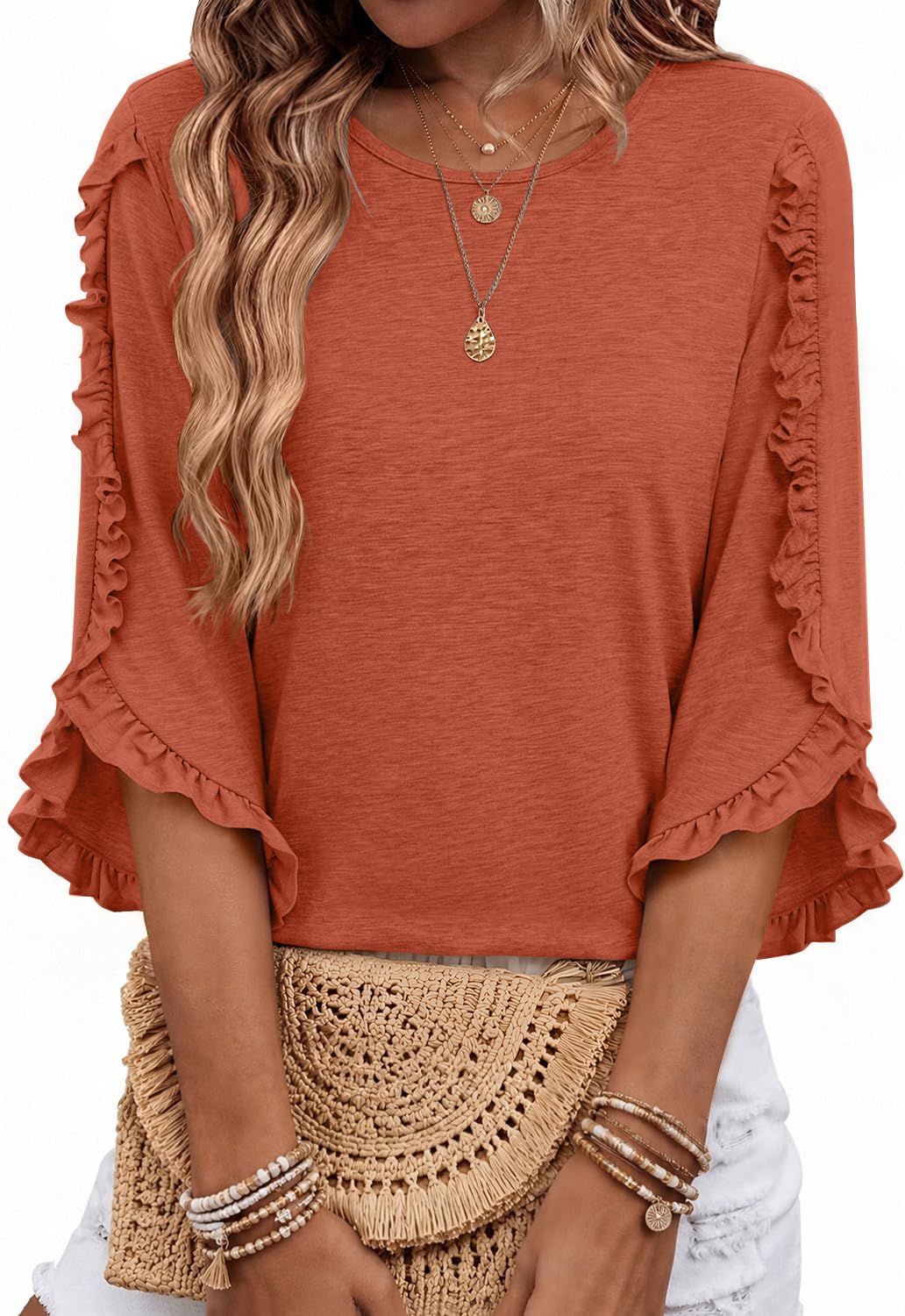3/4 Length Sleeve Womens Tops Crewneck Ruffle Sleeve Shirts Dressy Casual Blouse Summer Fall Fashion Business Outfit