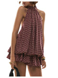 SOLY HUX Women's Plaid Halter Mini Dress Ruffle Bubble Hem Going Out Dress