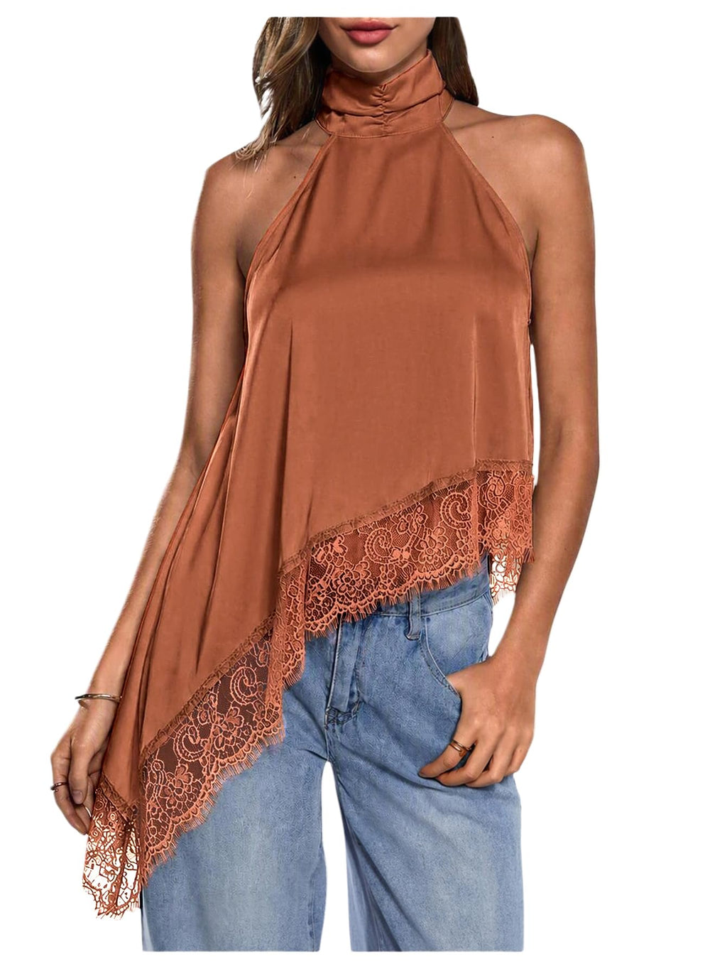 Milumia Women's Halter Neck Top Lace Asymmetrical Hem Going Out Tank Tops