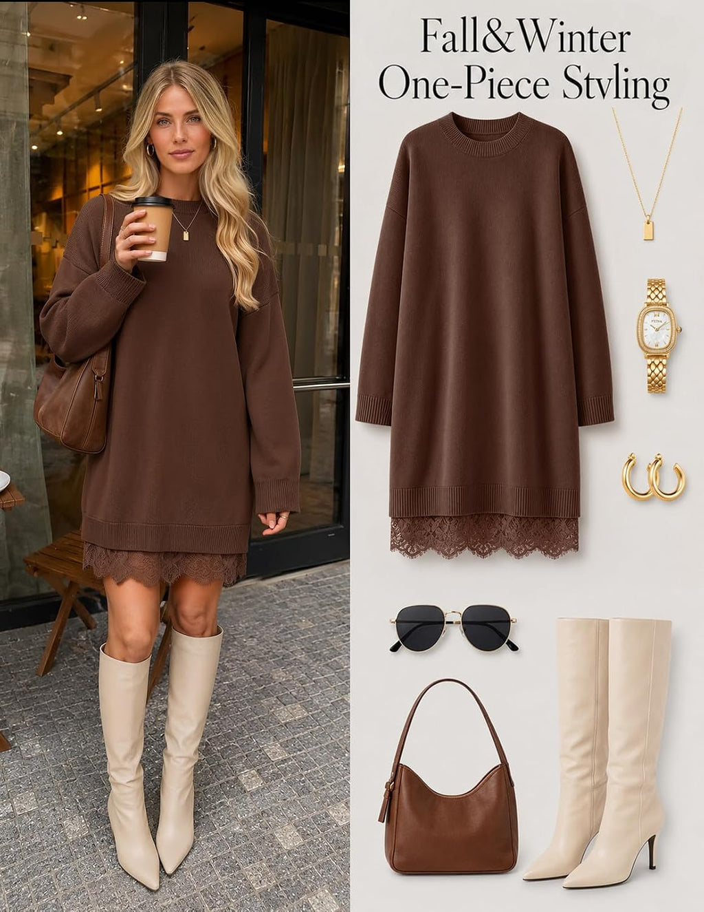 MEROKEETY Women's Fall Long Sleeve Lace Oversized Casual Knit Sweater Dress