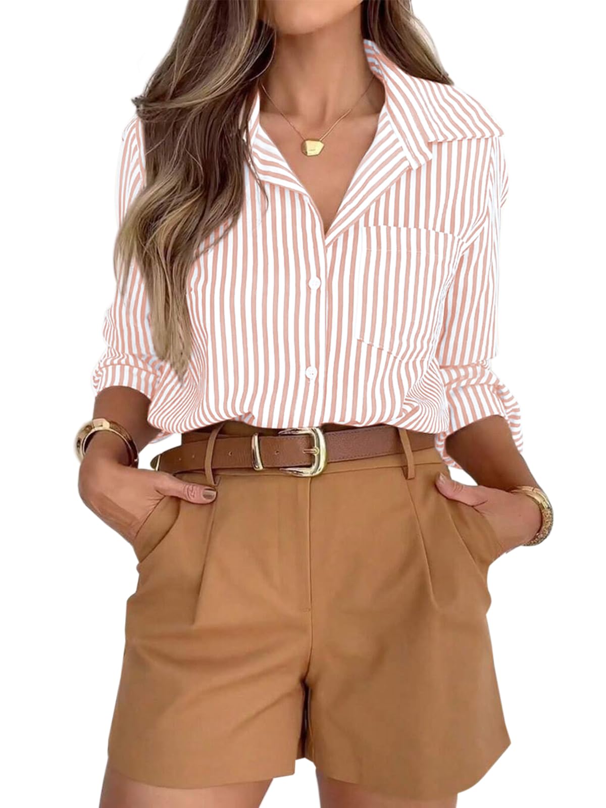 siliteelon Button Down Striped Shirts for Women Work Collared Dress Blouses