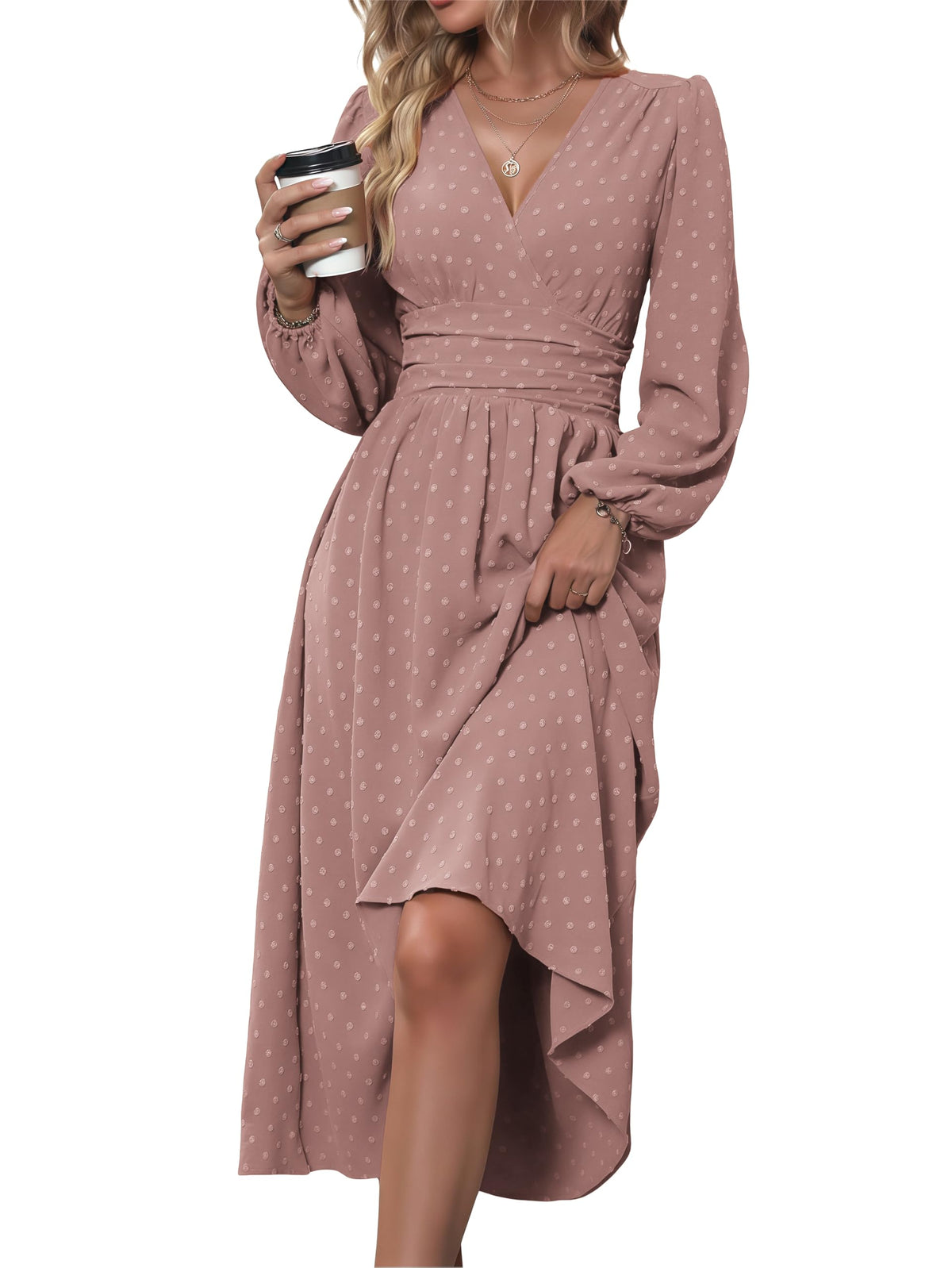 Mettclasi Women's Spring Fall Swiss Dot V-Neck Midi Dress Casual Puff Long Lantern Sleeve A-Line Flowy Wedding Guest Dress