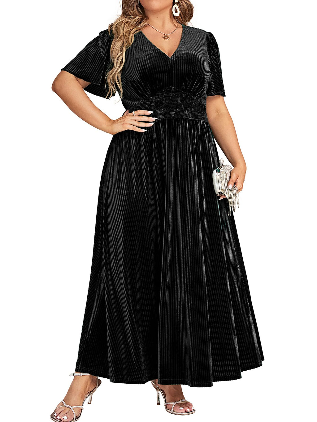 Simplee Women’s V Neck Velvet Maxi Dress Short Sleeve Empire Waist Long Formal Dress for Wedding Guest