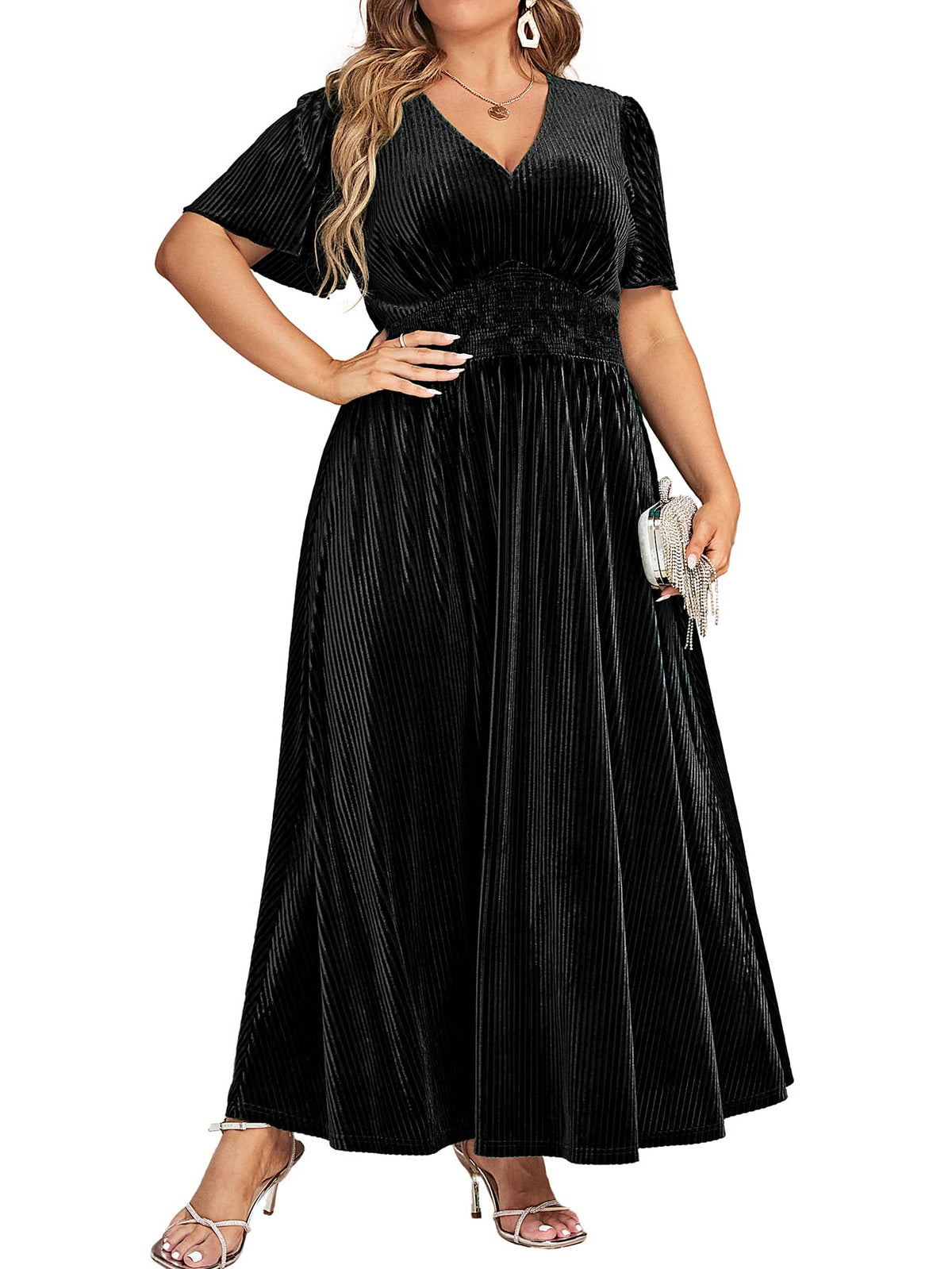 Simplee Women’s V Neck Velvet Maxi Dress Short Sleeve Empire Waist Long Formal Dress for Wedding Guest