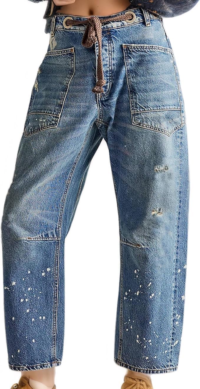 Mewunan Womens Pull-On Barrel Jeans Mid-Low Rise Boyfriend Drawstring Ankle Baggy Elastic Waist Stretchy Boho Denim Pants