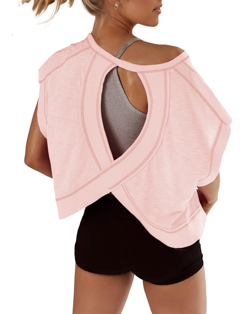 Open Back Tops for Women Oversized Short Sleeve Workout T Shirts Backless Y2k Athletic Crop Running Tees