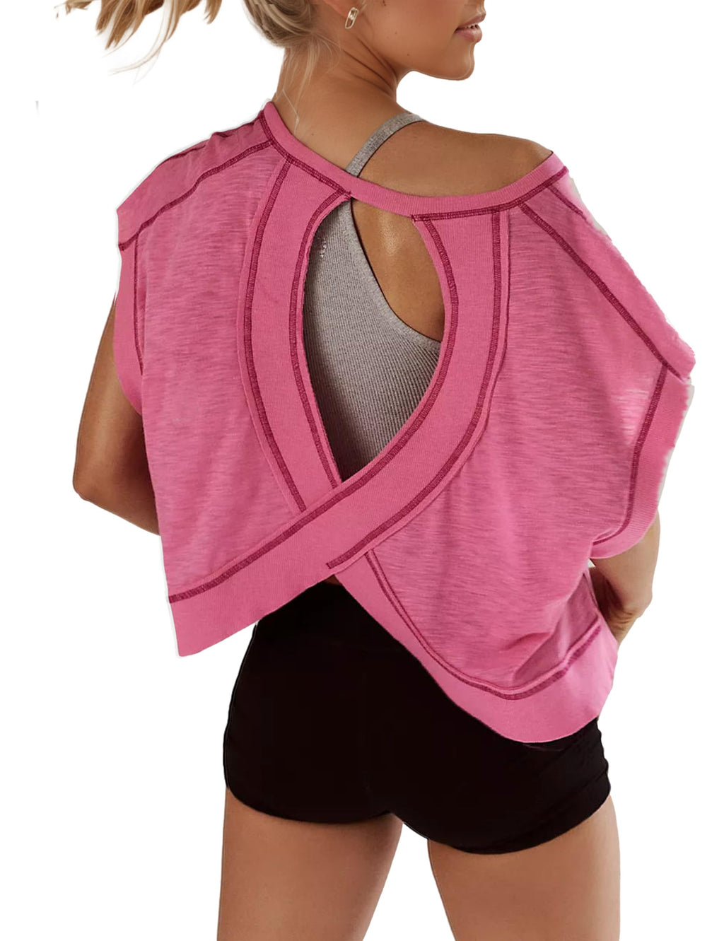 Open Back Tops for Women Oversized Short Sleeve Workout T Shirts Backless Y2k Athletic Crop Running Tees