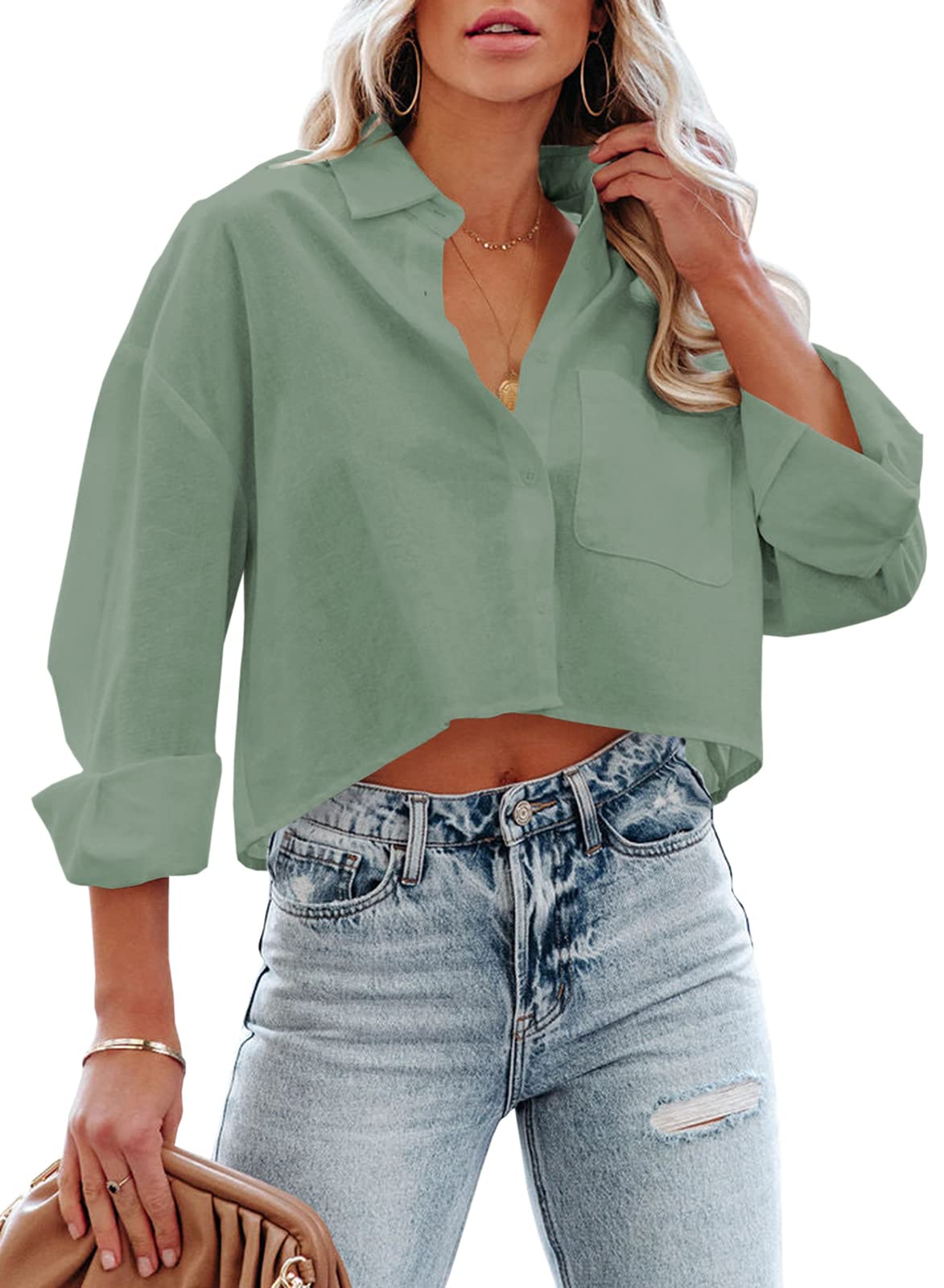 Tankaneo Womens Button Down Cropped Shirts Long Sleeve Crop Tops Blouses