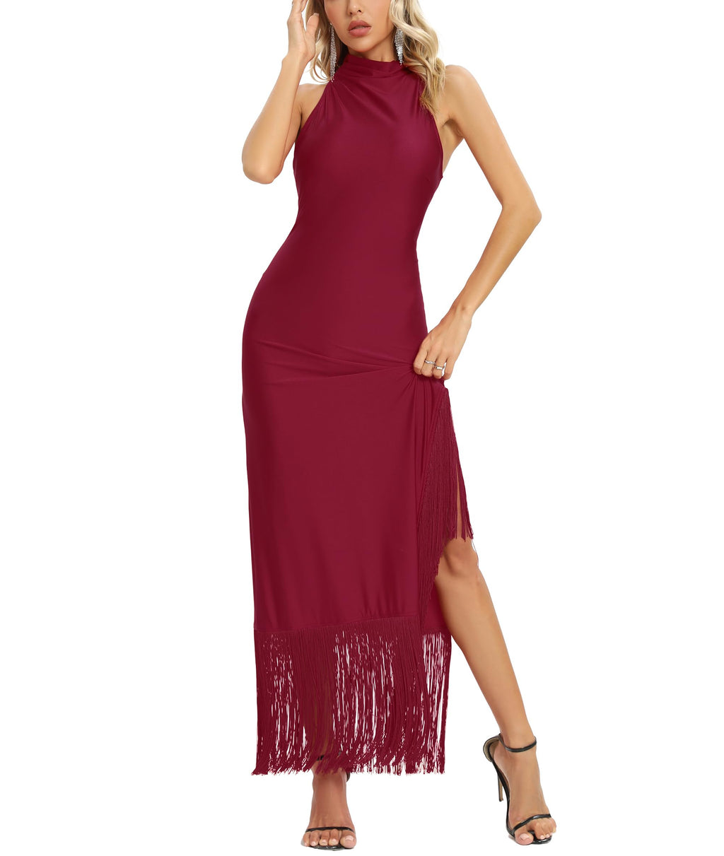 Women Gatsby Vintage Flapper Maxi Dress Halter Tassel Hem Gowns with Slit