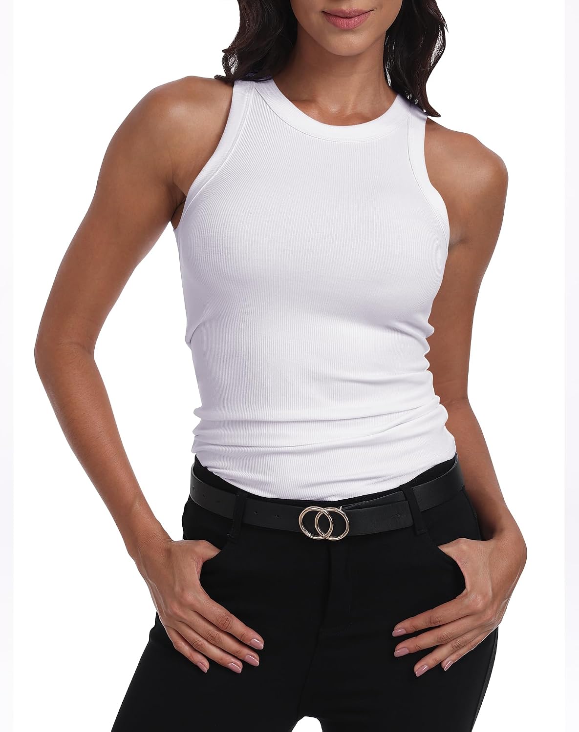 GEMBERA Womens Sleeveless Racerback High Neck Casual Basic Cotton Ribbed Fitted Tank Top