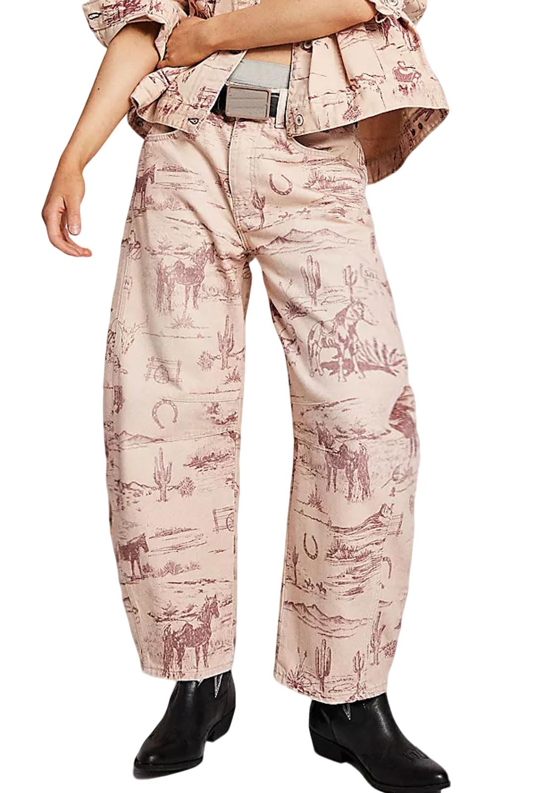 loveimgs Women Boyfriend Baggy Barrel Jeans Floral Print Denim Ankle Pants Wide Leg Mid Rise Jeans Sweatpants Y2k Patchwork